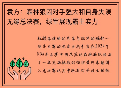 袁方：森林狼因对手强大和自身失误无缘总决赛，绿军展现霸主实力