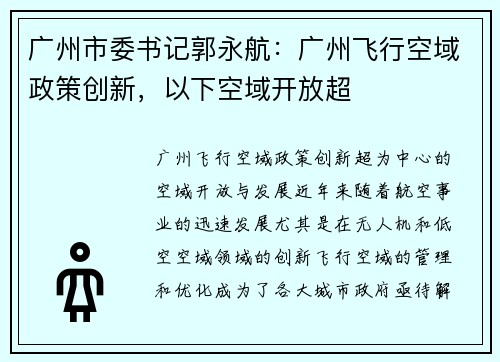 广州市委书记郭永航：广州飞行空域政策创新，以下空域开放超