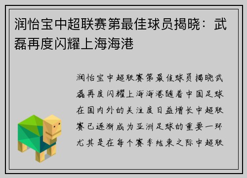润怡宝中超联赛第最佳球员揭晓：武磊再度闪耀上海海港