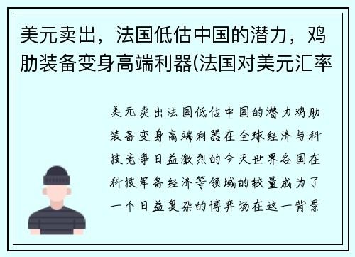 美元卖出，法国低估中国的潜力，鸡肋装备变身高端利器(法国对美元汇率)