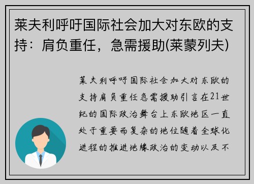 莱夫利呼吁国际社会加大对东欧的支持：肩负重任，急需援助(莱蒙列夫)