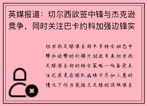 英媒报道：切尔西欲签中锋与杰克逊竞争，同时关注巴卡约科加强边锋实力