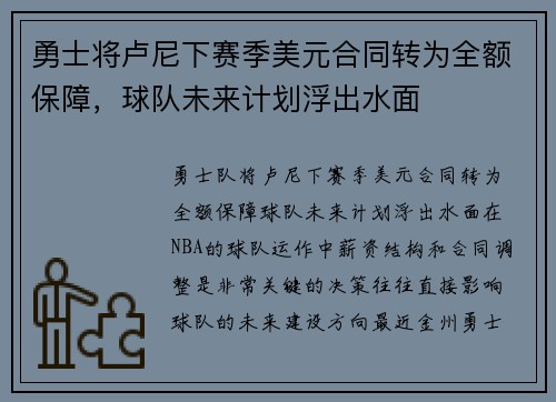 勇士将卢尼下赛季美元合同转为全额保障，球队未来计划浮出水面